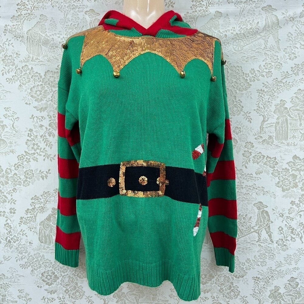 33 Degrees Ugly Christmas Sweater Elf Costume Holiday Sequin Hood Maximalism
